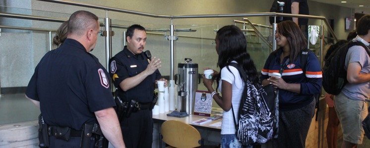police officers talking to students